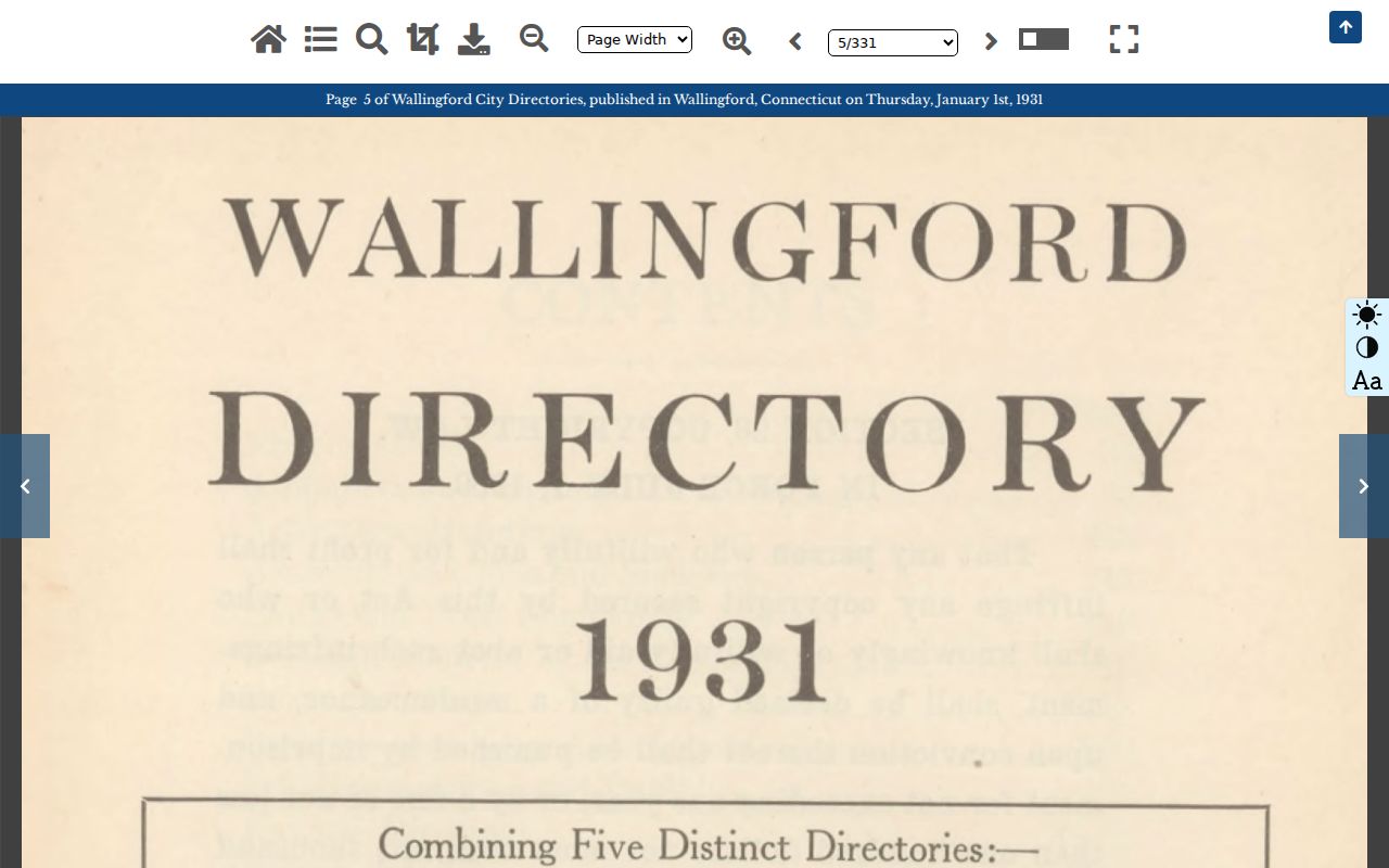 1931 Wallingford city directory title and contents in the digital viewer