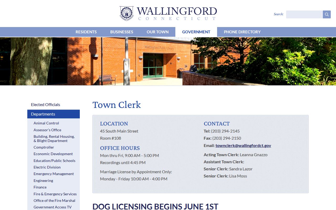 Wallingford residents directory Town Clerk record access