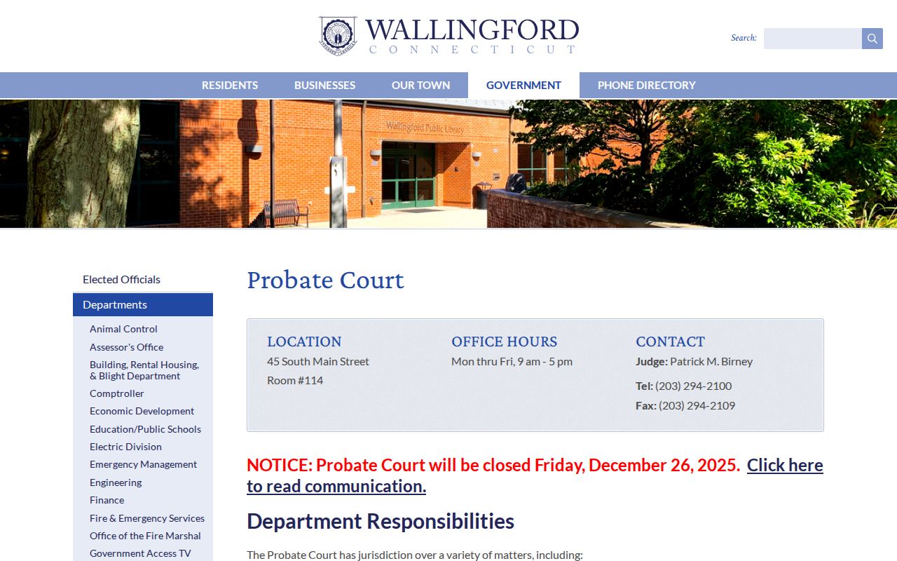 Wallingford previous residents Probate Court office