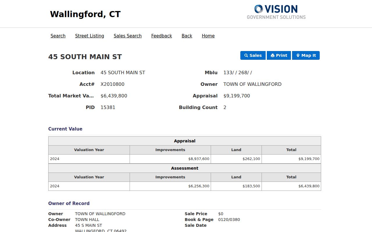 Wallingford street directory Vision parcel record
